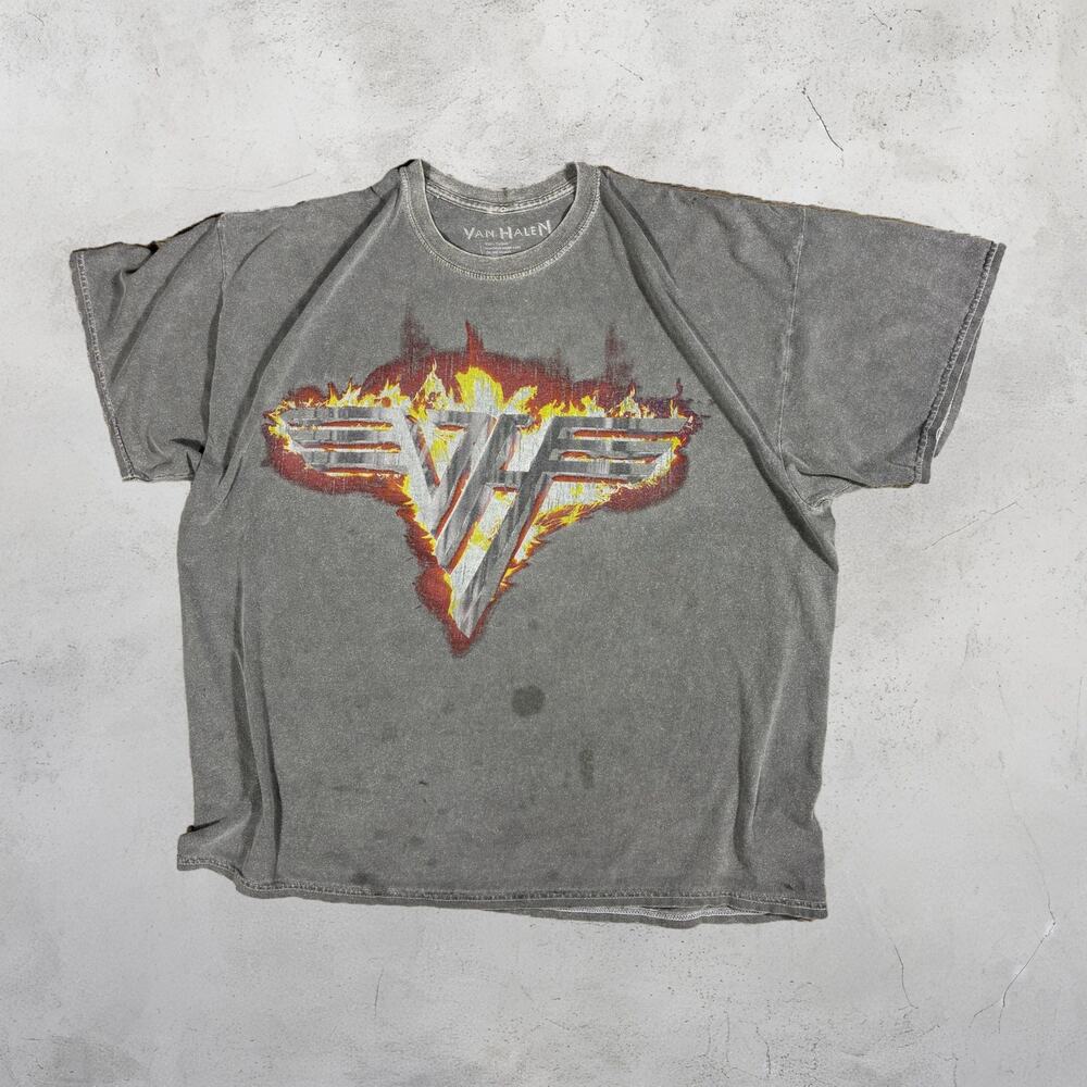 Vintage Style Van Halen Flame Logo Gray Mens Unisex Rock Band Tee